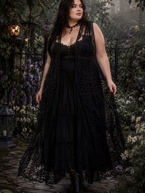 VIVID IMPORTERS OF NY Black Embroidered Mesh Whimsigoth Duster Cardigan Size 3XL